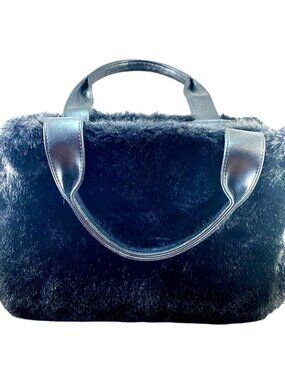 Indeed Black Faux Fur Satchel Handbag Structured Top Handle Winter Purse